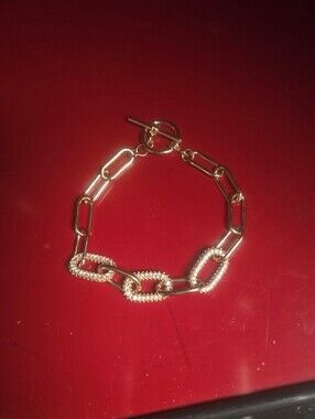 Gold Rectangle Links Stackable Modern Edgy Urban Toggle Bracelet Pave Crystals